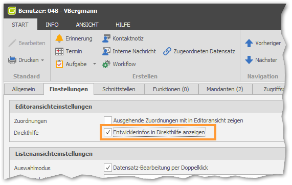 Entwicklerinfos in Direkthilfe anzeigen aktivieren